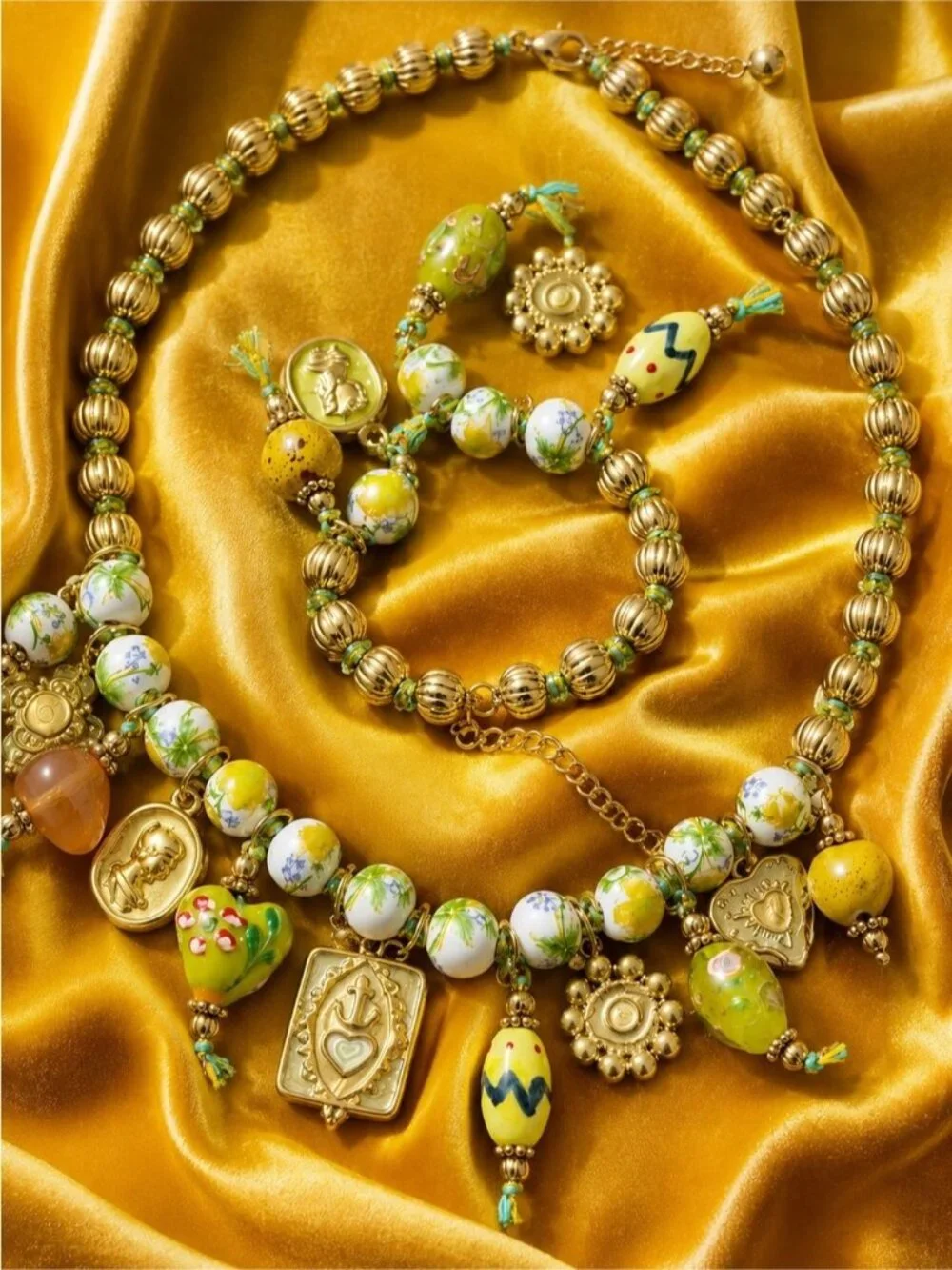 Gold-tone Necklace with Green, Yellow and White Beaded Charms